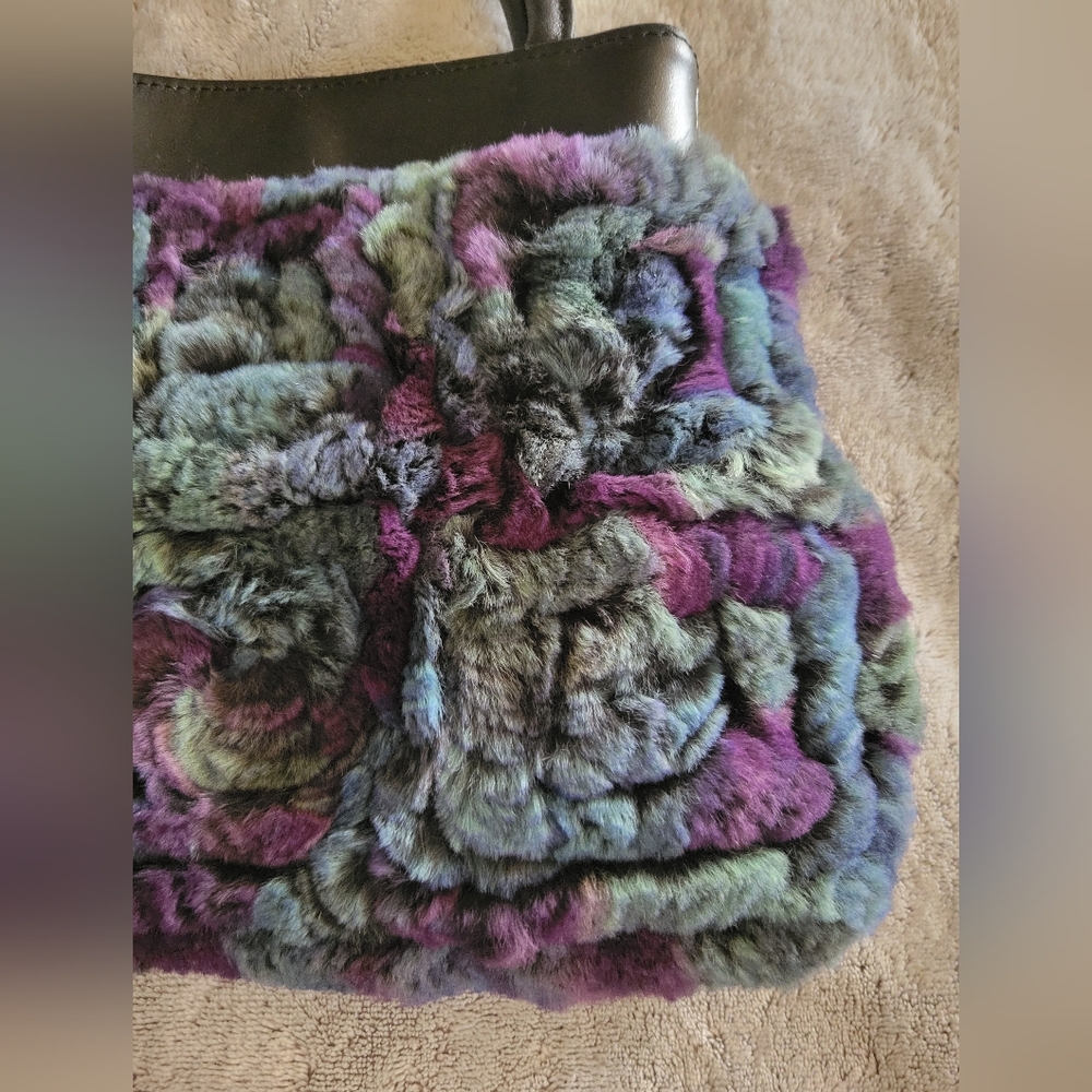 Vintage Rabbit Fur & Leather Handbag / Shoulder Bag, EUC, Purple Blue Green - Picture 3 of 4